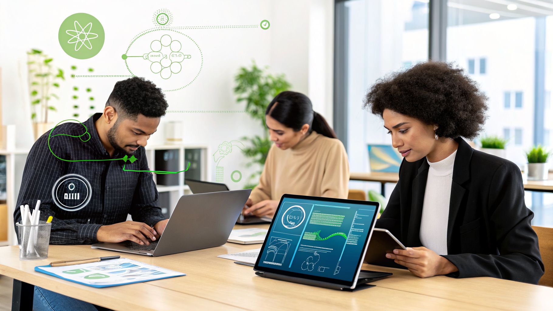 A diverse team of professionals collaborating in a modern office with digital graphics overlaid on their laptops.