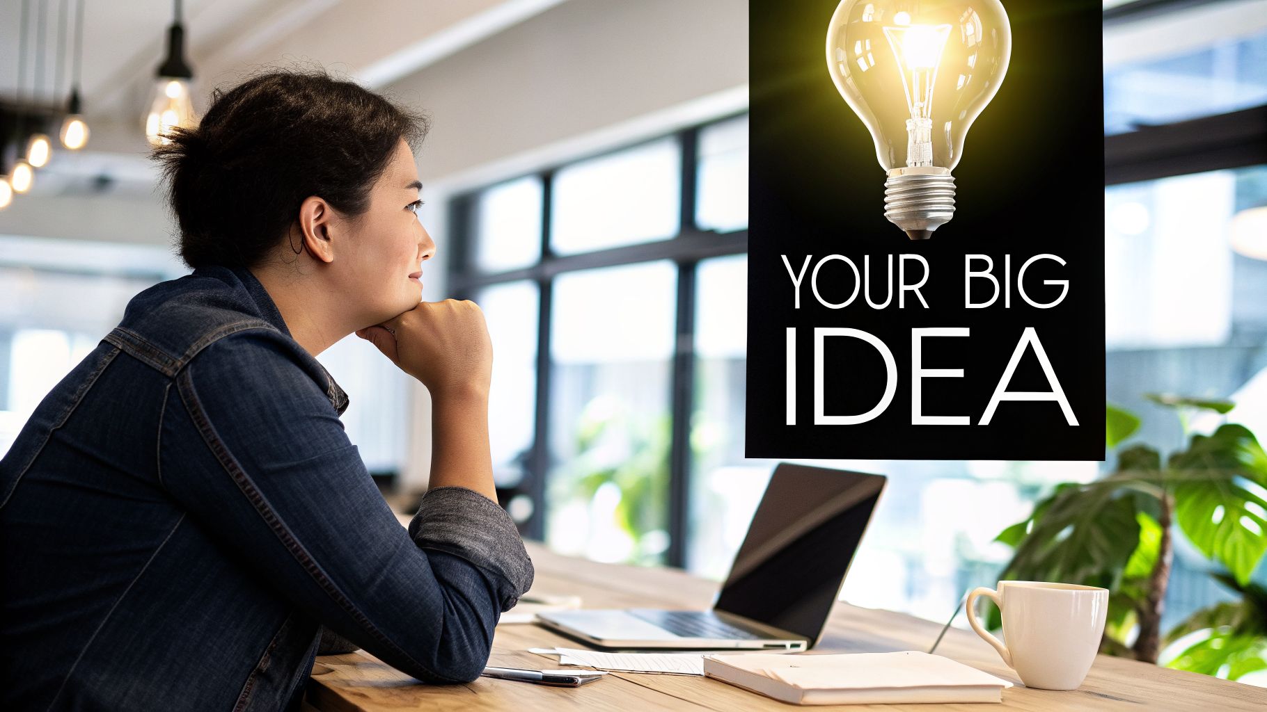 A thoughtful woman sitting at a desk with a laptop, looking at a bright lightbulb idea concept.