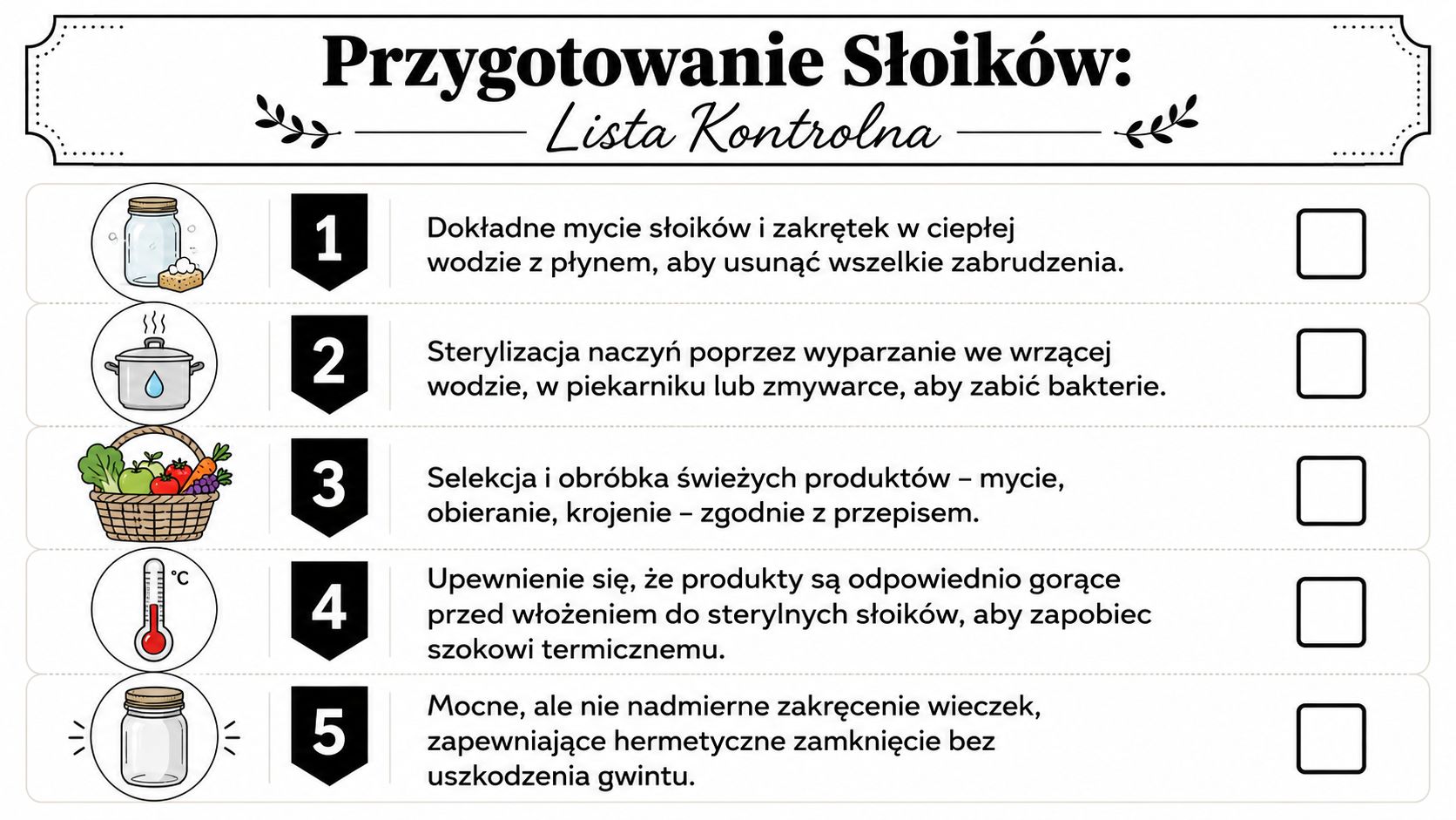 Lista kontrolna przedstawiająca pięć kluczowych kroków przygotowania słoików do domowego wekowania i konserwacji żywności w domu.