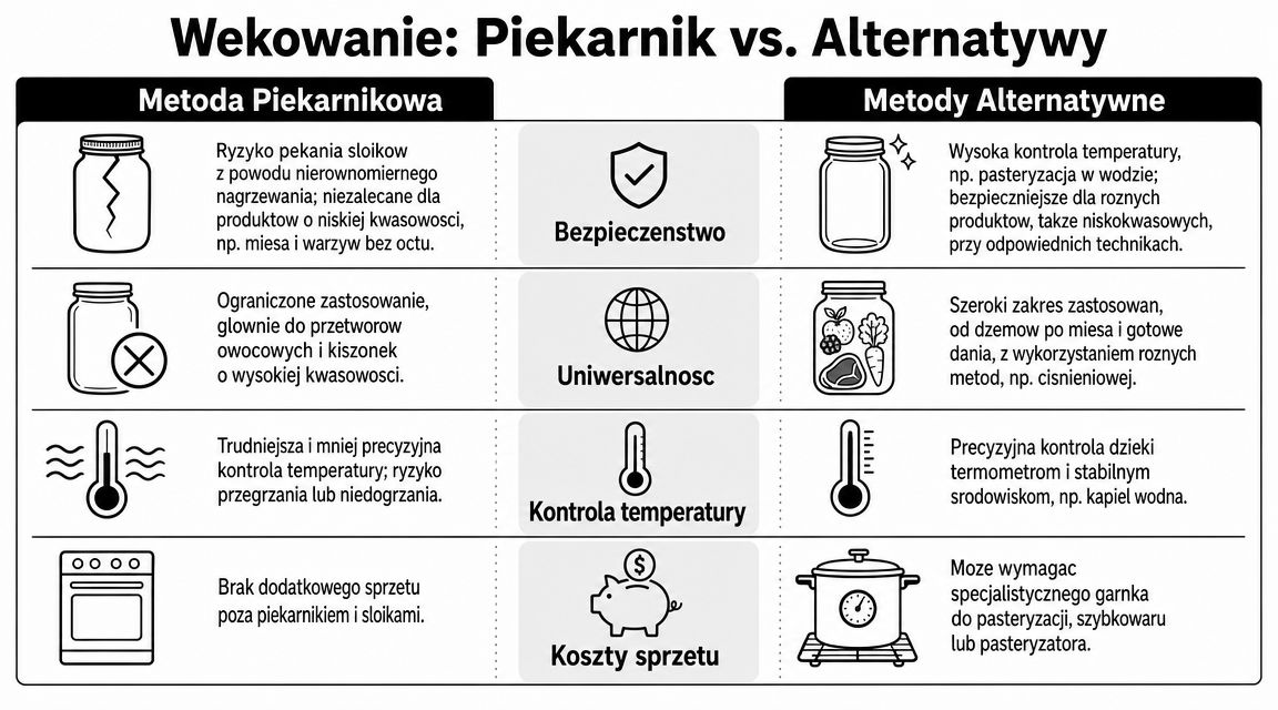 Porównanie metod wekowania w piekarniku z metodami alternatywnymi przedstawione na czytelnej tabeli z ikonami.