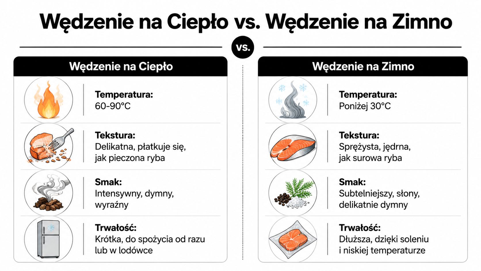 Porównanie metod wędzenia ryb: wędzenie na ciepło oraz wędzenie na zimno z uwzględnieniem temperatury, tekstury, smaku i trwałości.