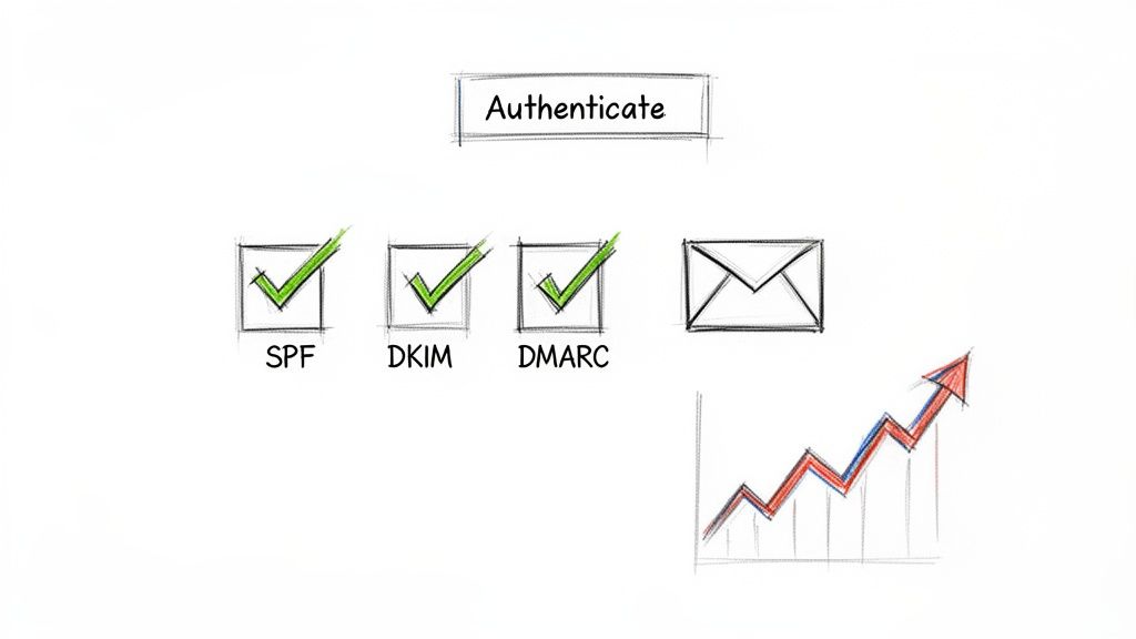 A hand-drawn sketch illustrating email authentication protocols including SPF, DKIM, and DMARC with an upward trending graph.