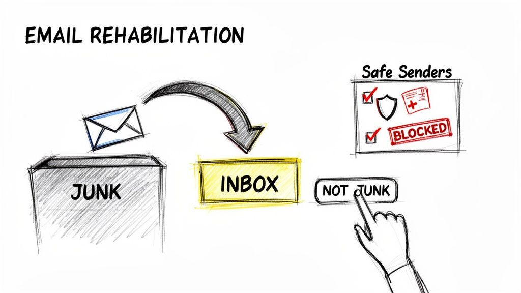 A hand selecting the Not Junk button to move an email from the junk folder to inbox.