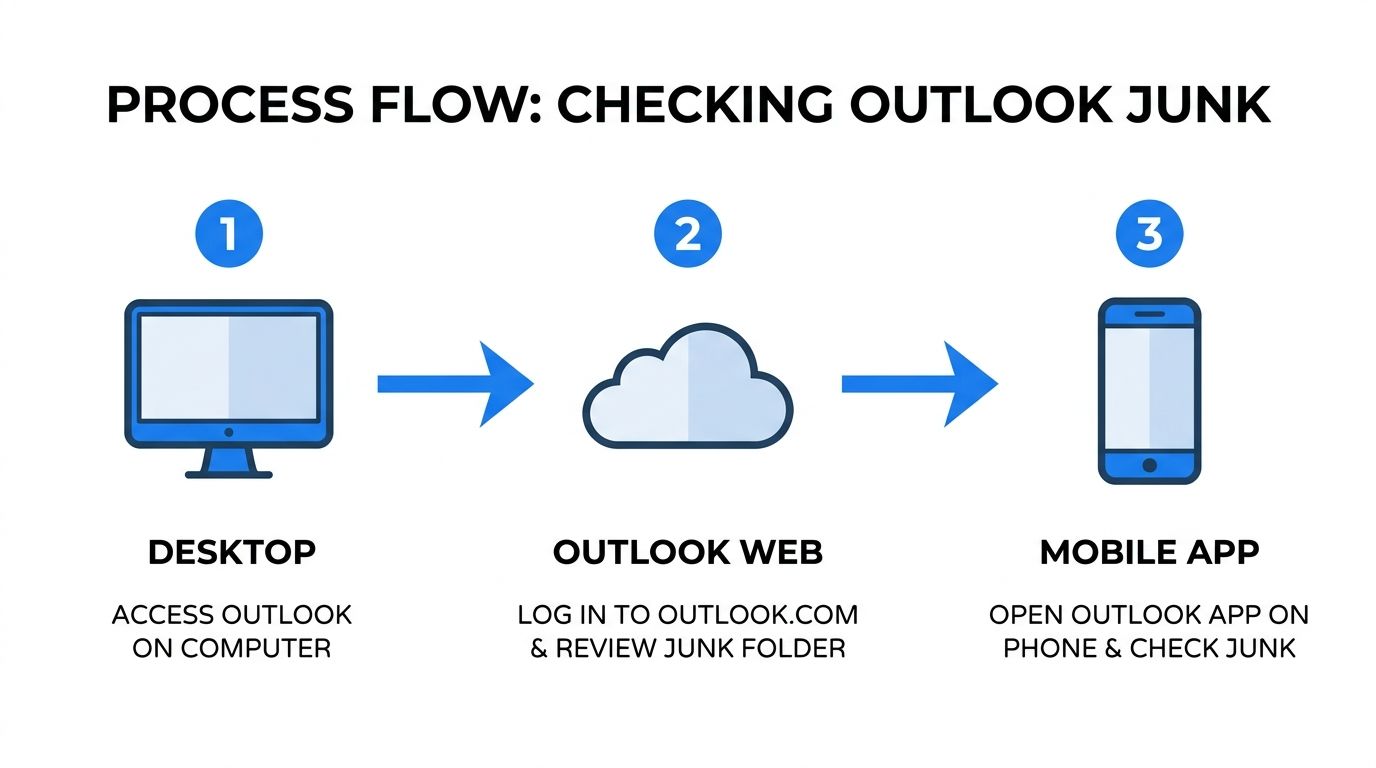 A simple flow chart illustrating the three steps to check your junk folder in Outlook via different platforms.