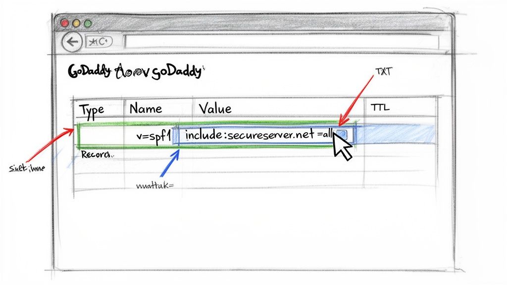 A hand-drawn sketch illustrating how to configure a TXT record for SPF settings in the GoDaddy interface.