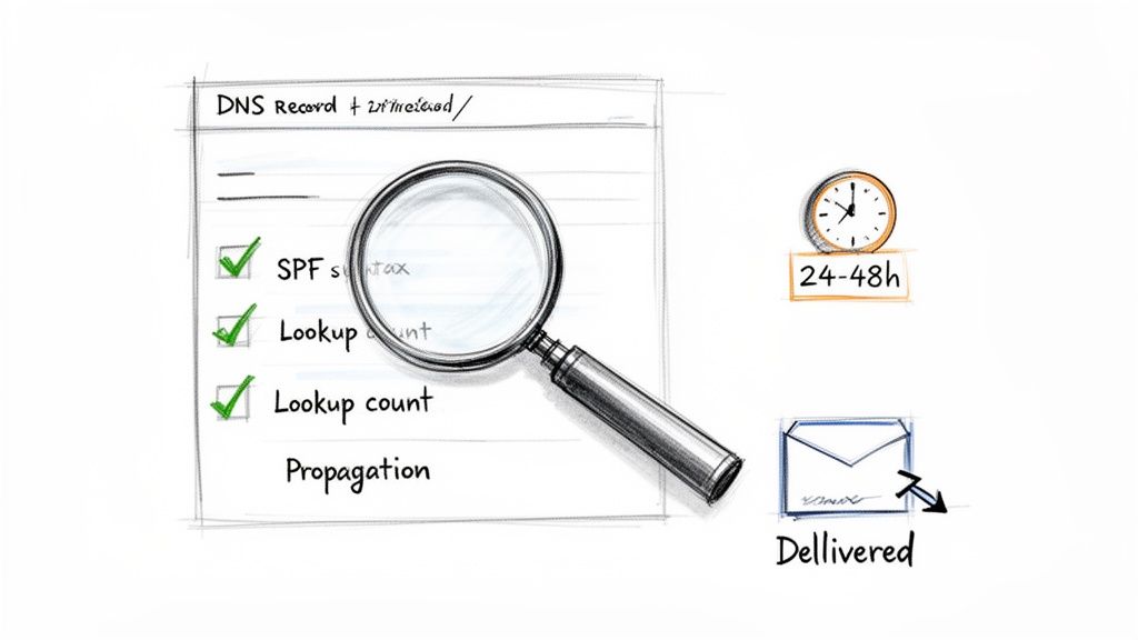 A hand-drawn illustration showing a checklist for DNS records and SPF verification with a magnifying glass.