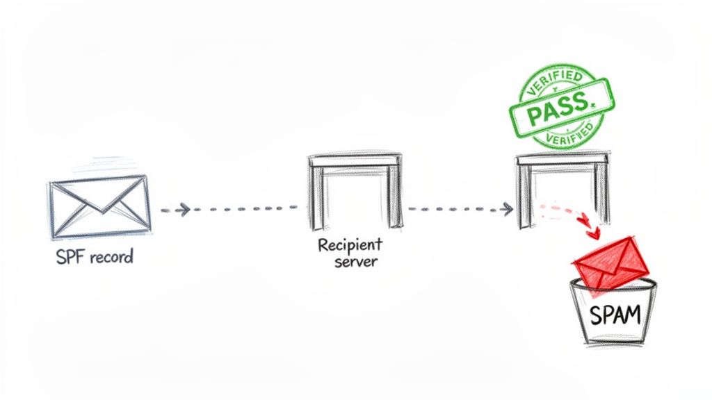 A hand-drawn illustration showing an email passing through servers, receiving a verified pass, then being marked as spam.