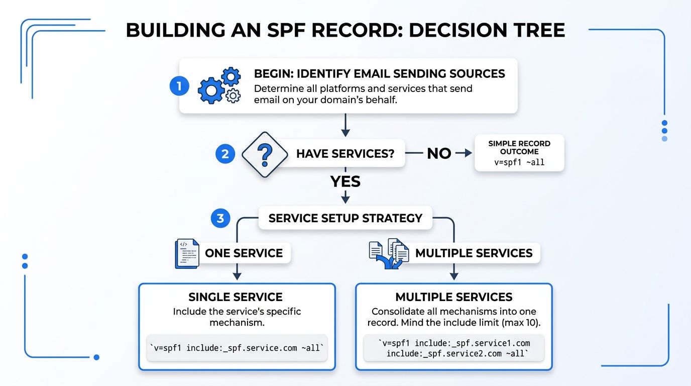 A decision tree diagram illustrating the step-by-step process for building and configuring an SPF record for email.
