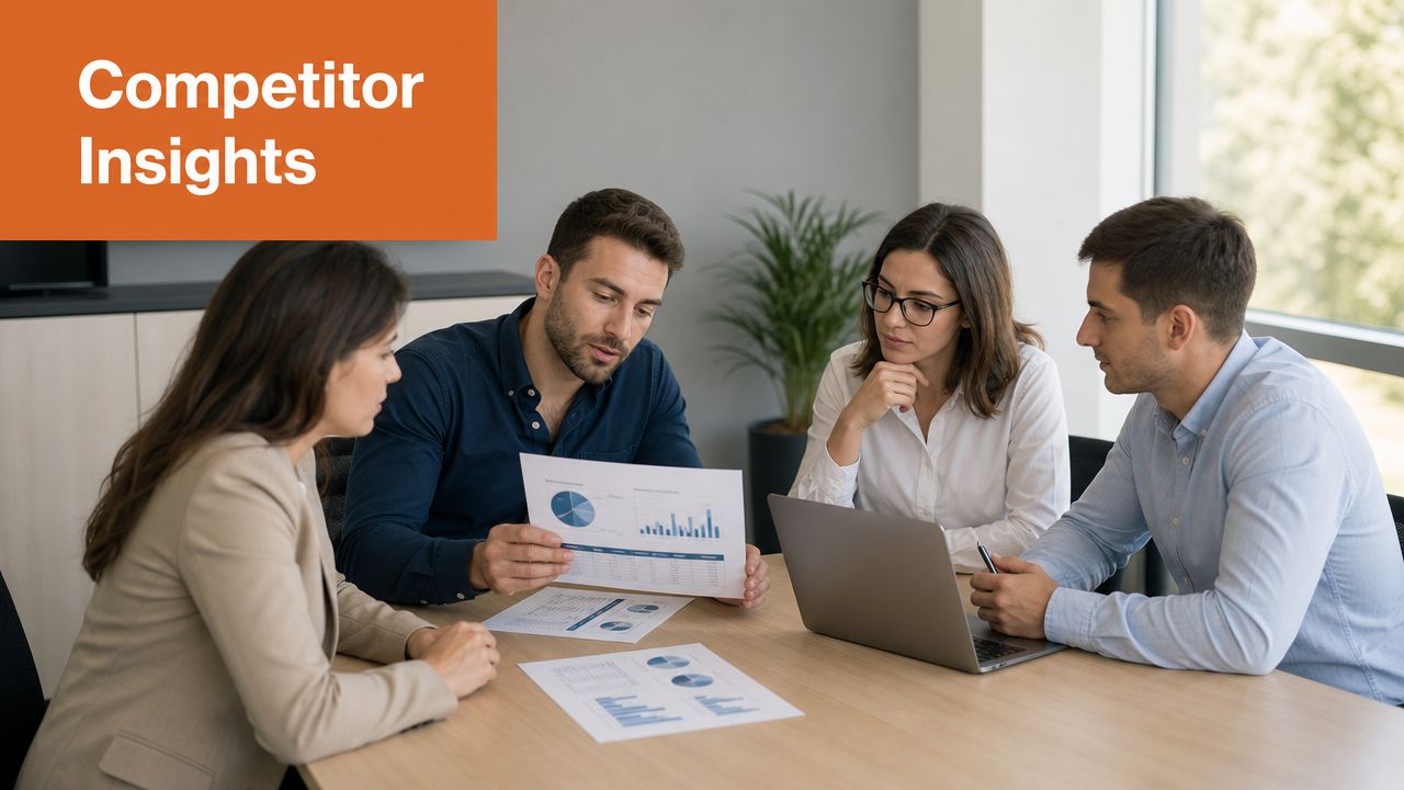 A professional team of four colleagues analyzing financial charts and data during a collaborative business meeting.