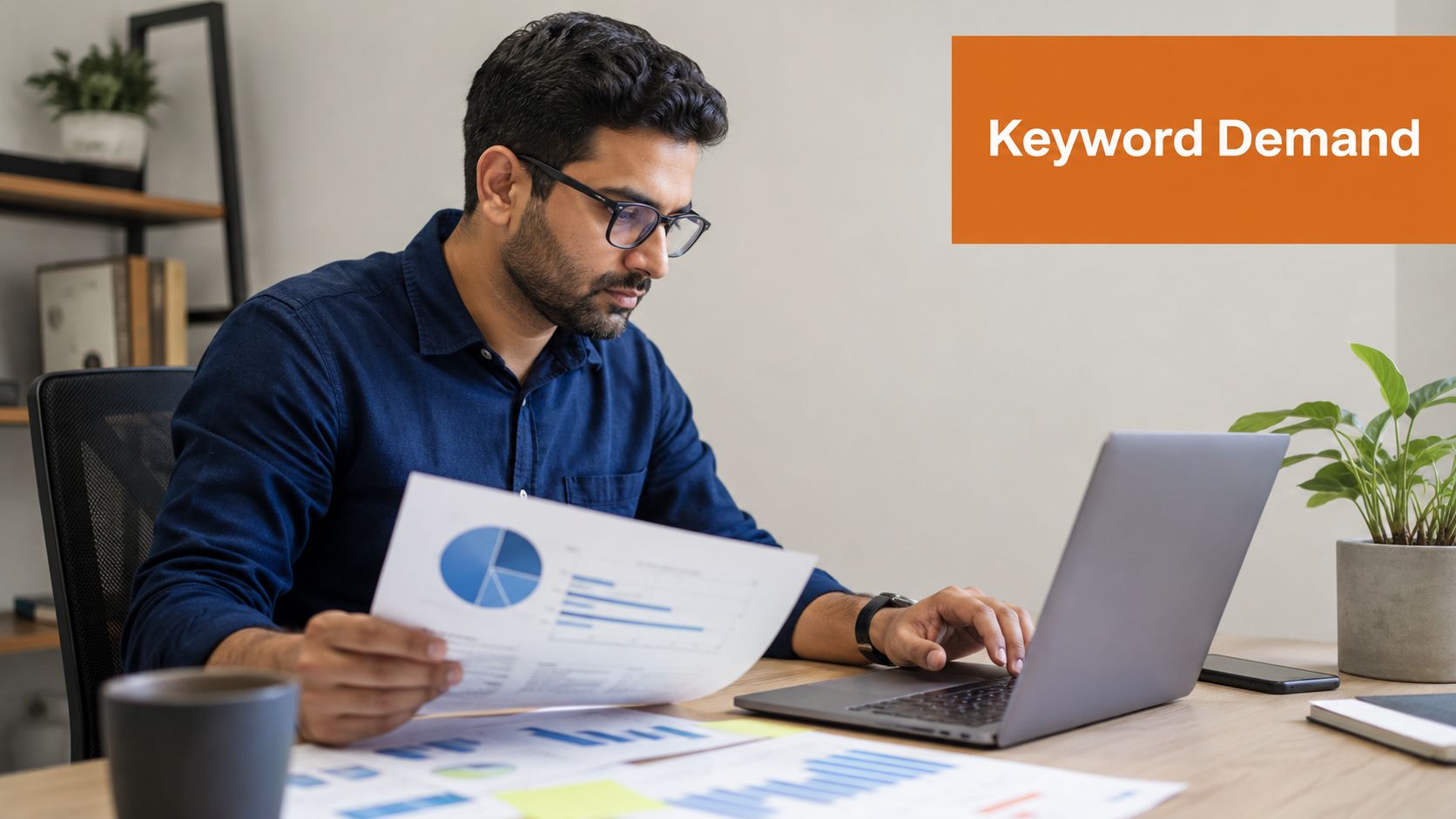 A professional man with glasses analyzes business data charts while working on his laptop at his desk.