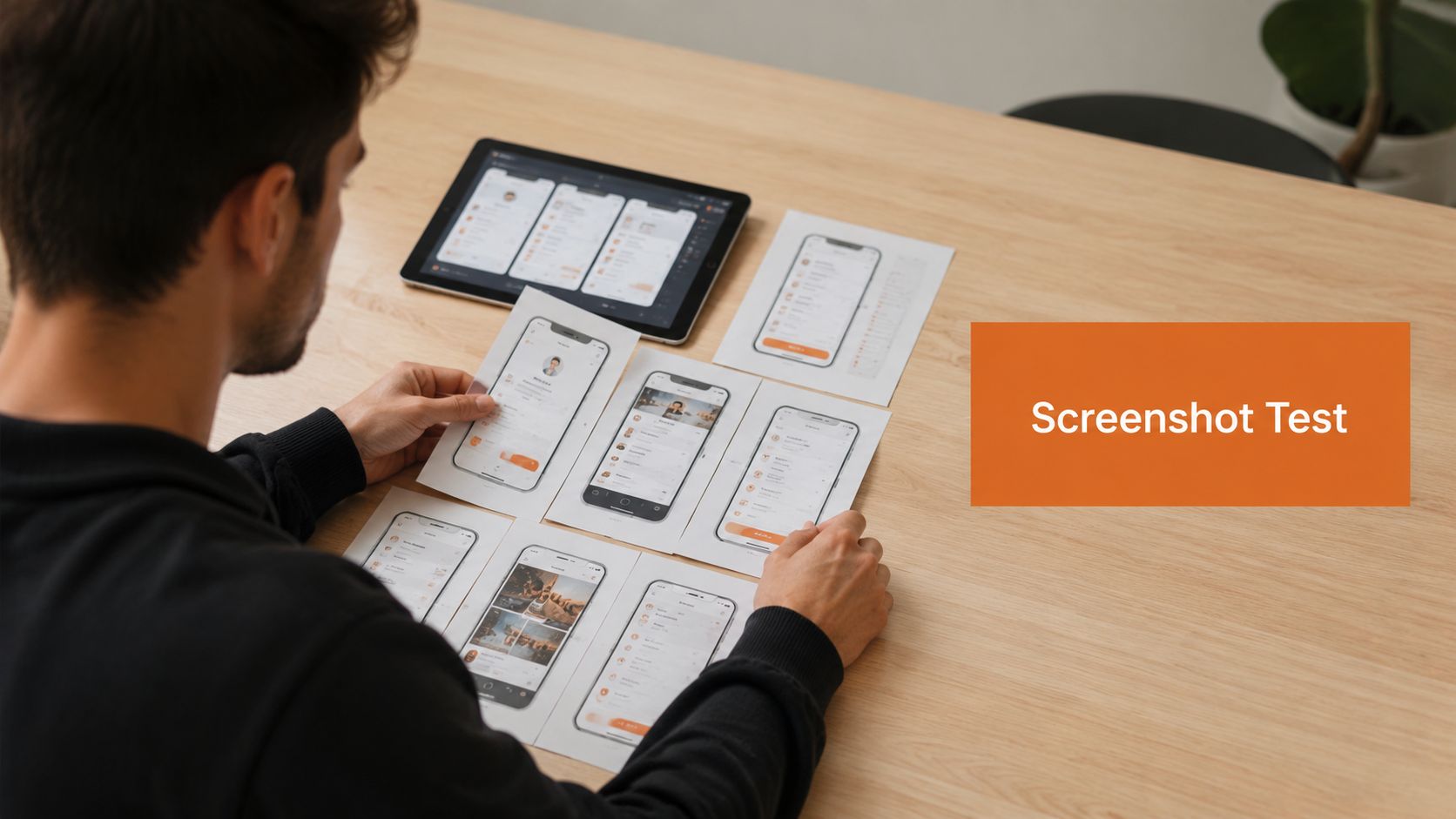 A designer reviewing mobile application user interface wireframes printed on paper at a wooden office desk.