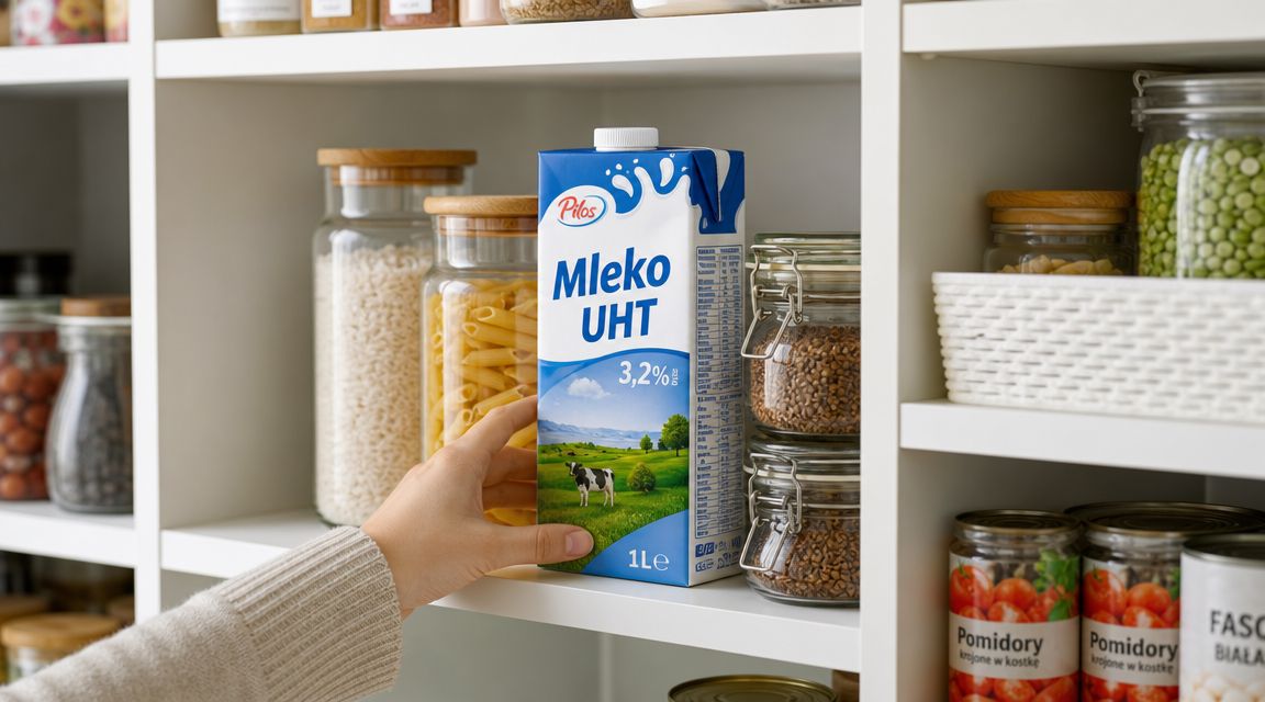 Dłoń trzymająca karton mleka UHT 3,2% marki Pilos na półce w domowej spiżarni pełnej produktów spożywczych.