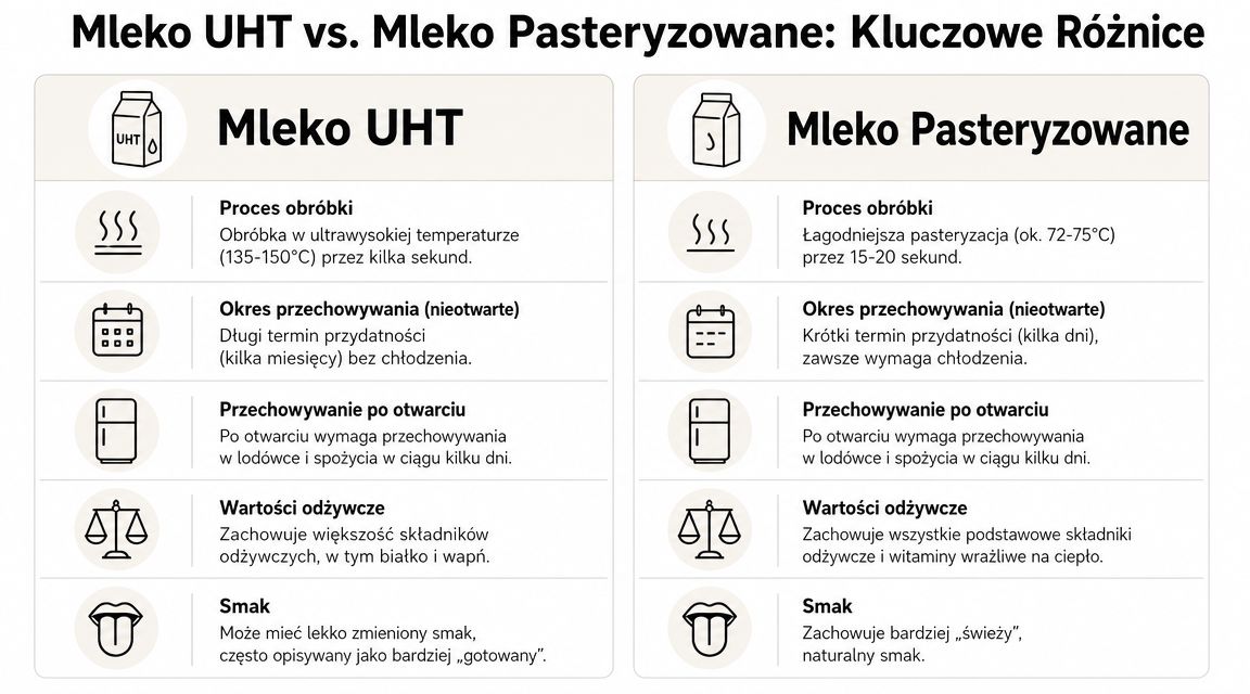 Infografika porównująca różnice między mlekiem UHT a mlekiem pasteryzowanym pod kątem procesu, przechowywania i wartości odżywczych.