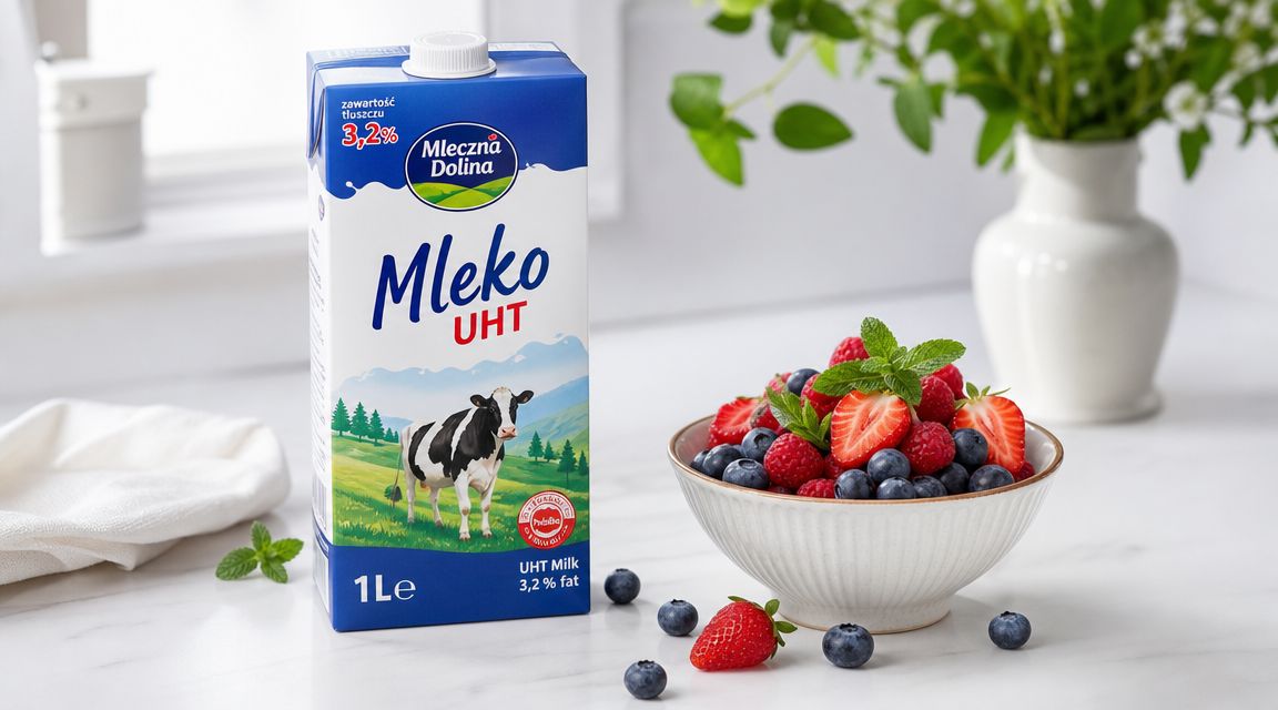 Karton mleka UHT Mleczna Dolina obok miski ze świeżymi truskawkami i jagodami na kuchennym blacie.