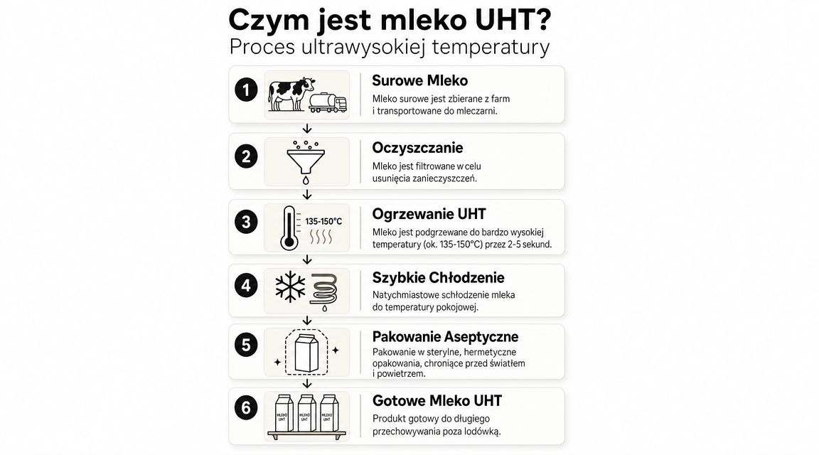 Grafika przedstawiająca sześciostopniowy proces produkcji mleka UHT, od pozyskania mleka surowego aż do gotowego zapakowanego produktu.