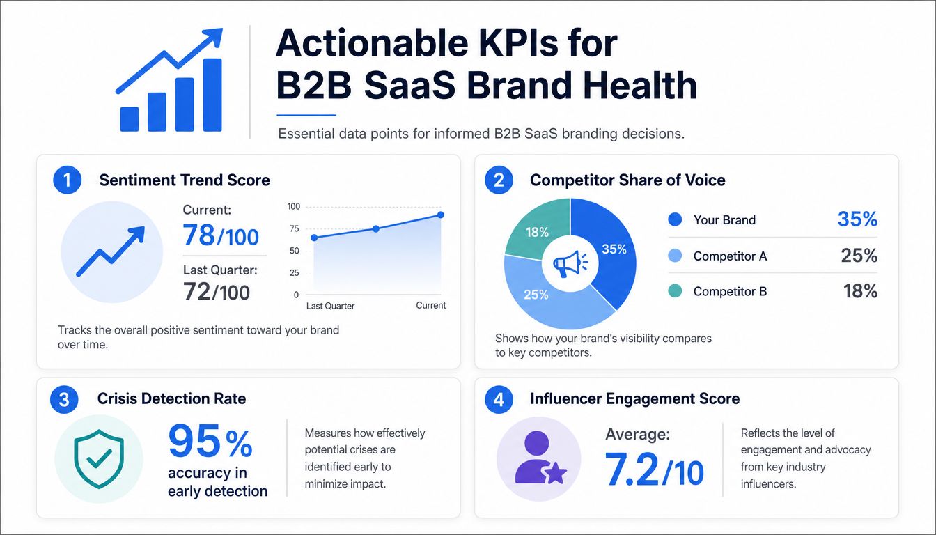 An infographic detailing four essential B2B SaaS brand health KPIs, including sentiment trends, share of voice, and engagement.