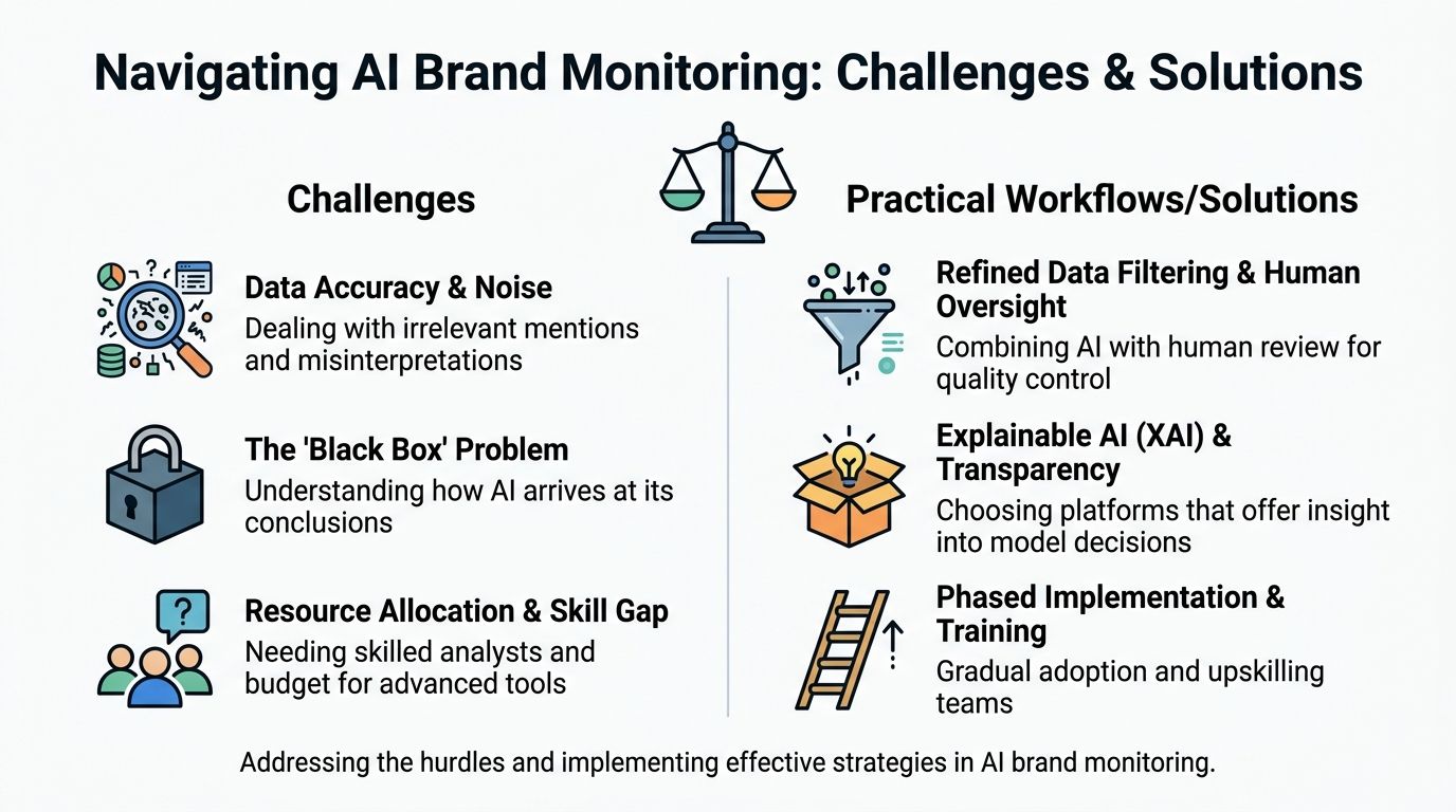 A diagram comparing challenges and solutions for businesses implementing AI-driven brand monitoring and social listening strategies.
