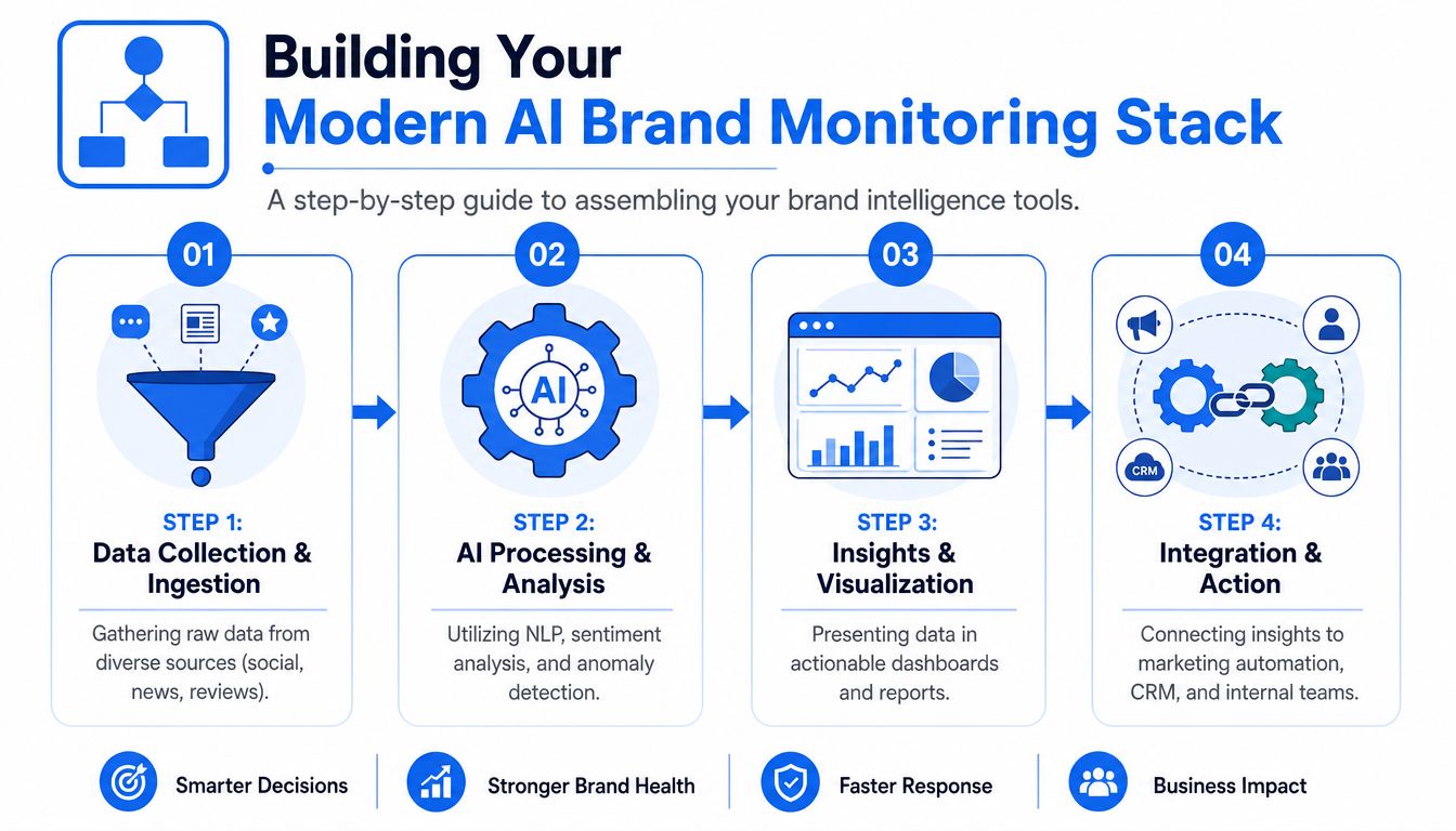 An infographic illustrating four steps to build a modern AI brand monitoring stack for business intelligence.