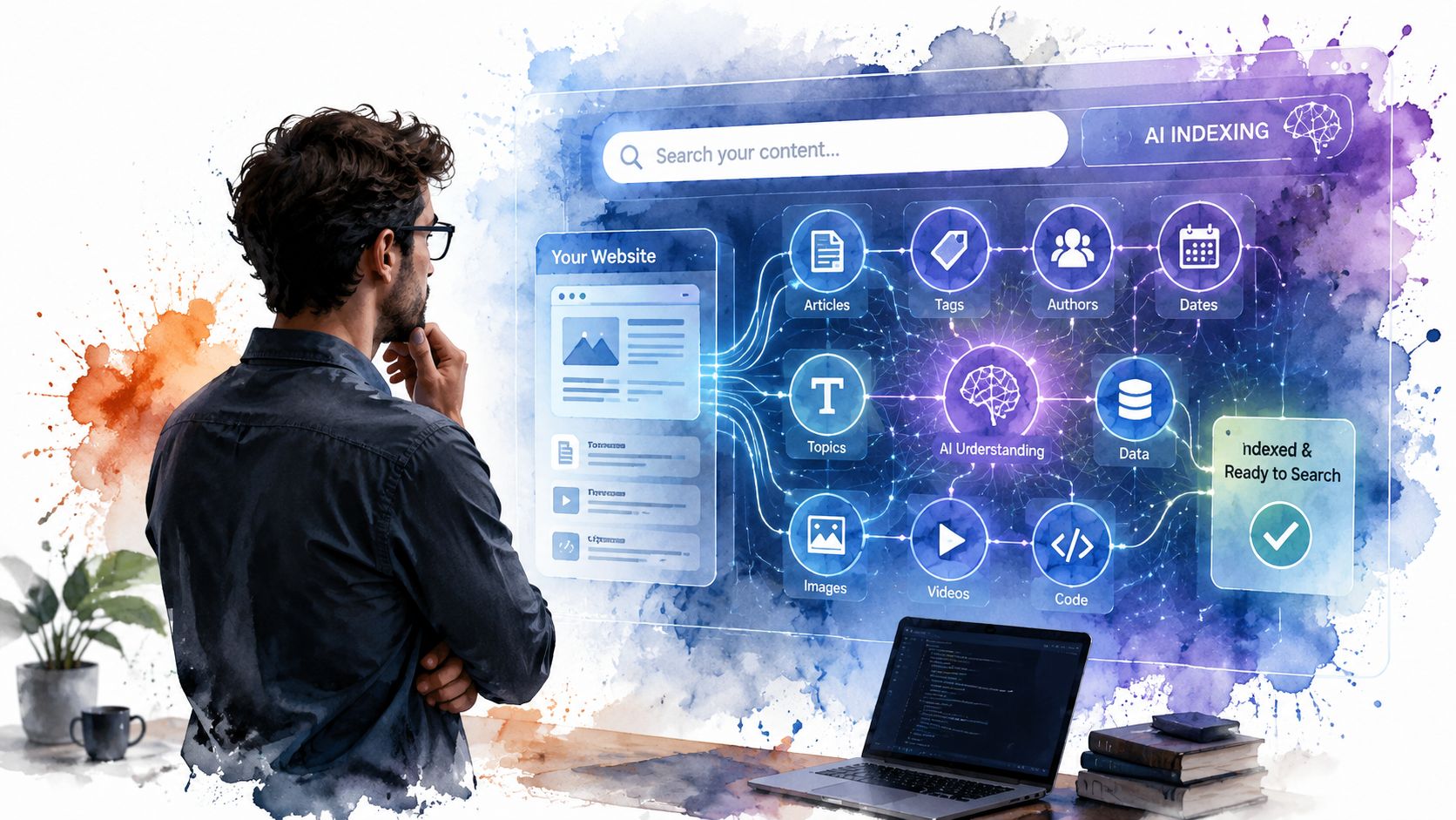 A man observing a digital AI interface visualizing the website indexing process and data categorization.