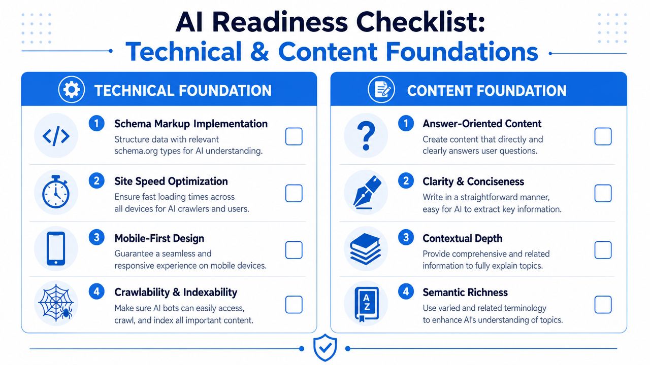An AI readiness checklist infographic comparing technical and content foundations for better AI search engine optimization performance.