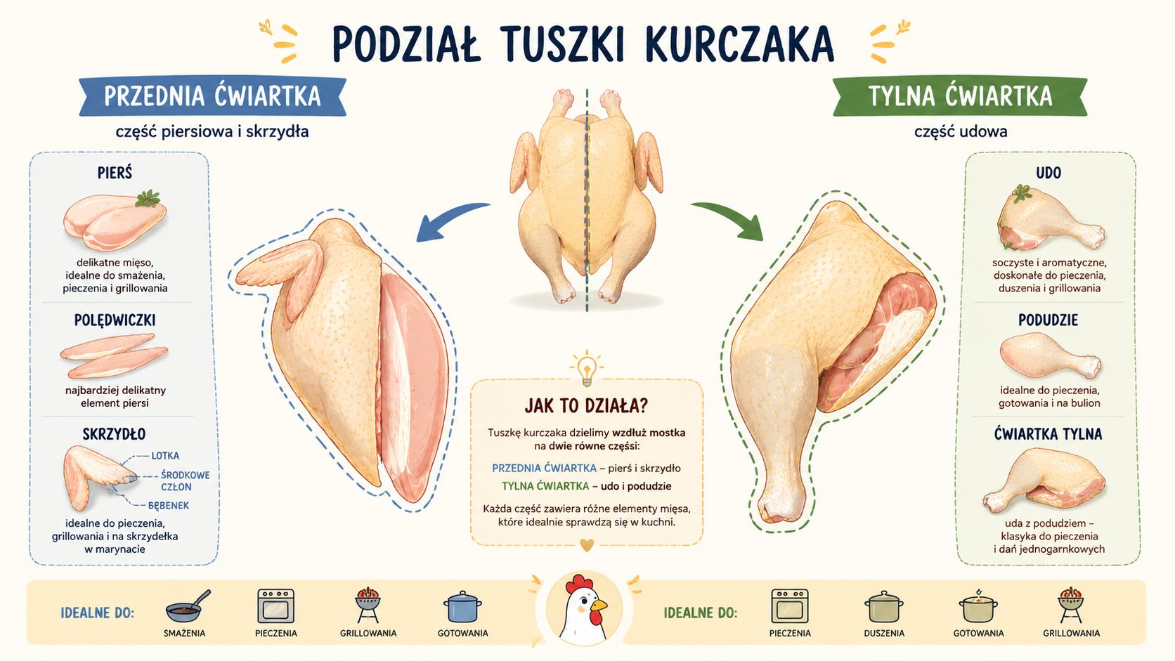 Infografika przedstawiająca podział tuszki kurczaka na przednią oraz tylną ćwiartkę z wyszczególnieniem poszczególnych elementów mięsa i ich zastosowań.