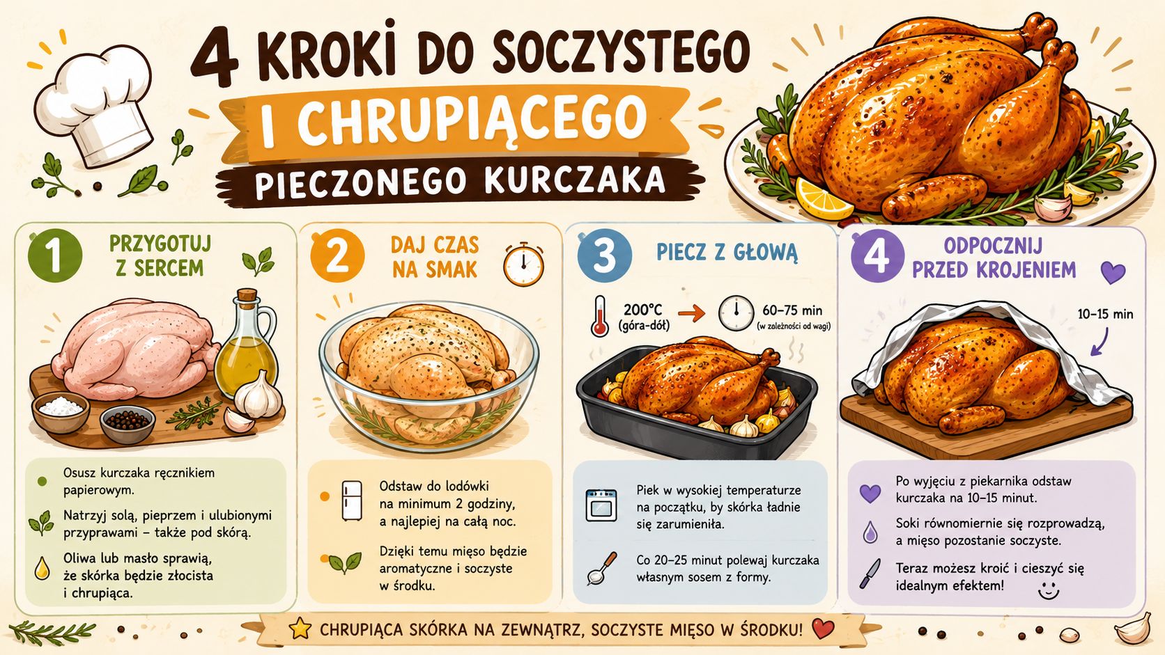 Infografika przedstawiająca cztery proste kroki do przygotowania idealnego, soczystego i chrupiącego pieczonego kurczaka w domowym piekarniku.