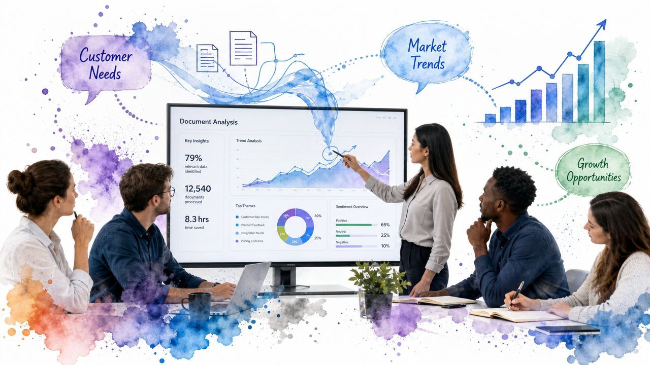 A professional team reviews document analysis data on a large screen to identify market trends and growth.