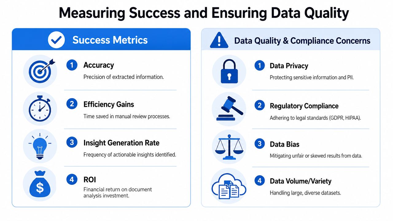 A professional infographic titled Measuring Success and Ensuring Data Quality, listing key metrics and compliance considerations.