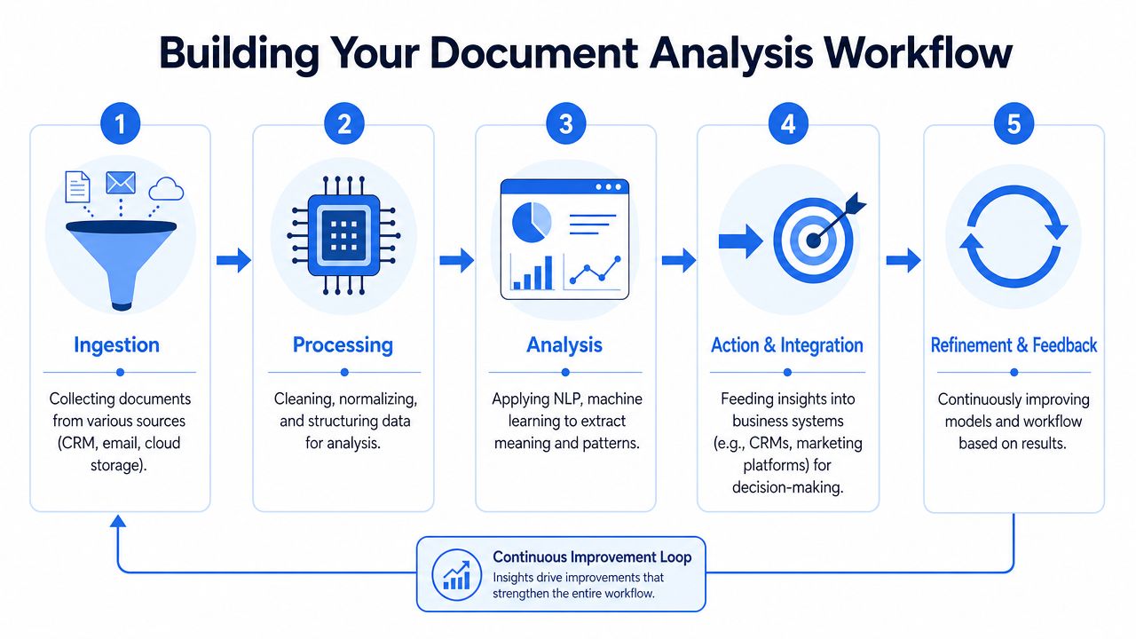A five-step flowchart illustrating a document analysis workflow from initial data ingestion to continuous refinement and feedback.