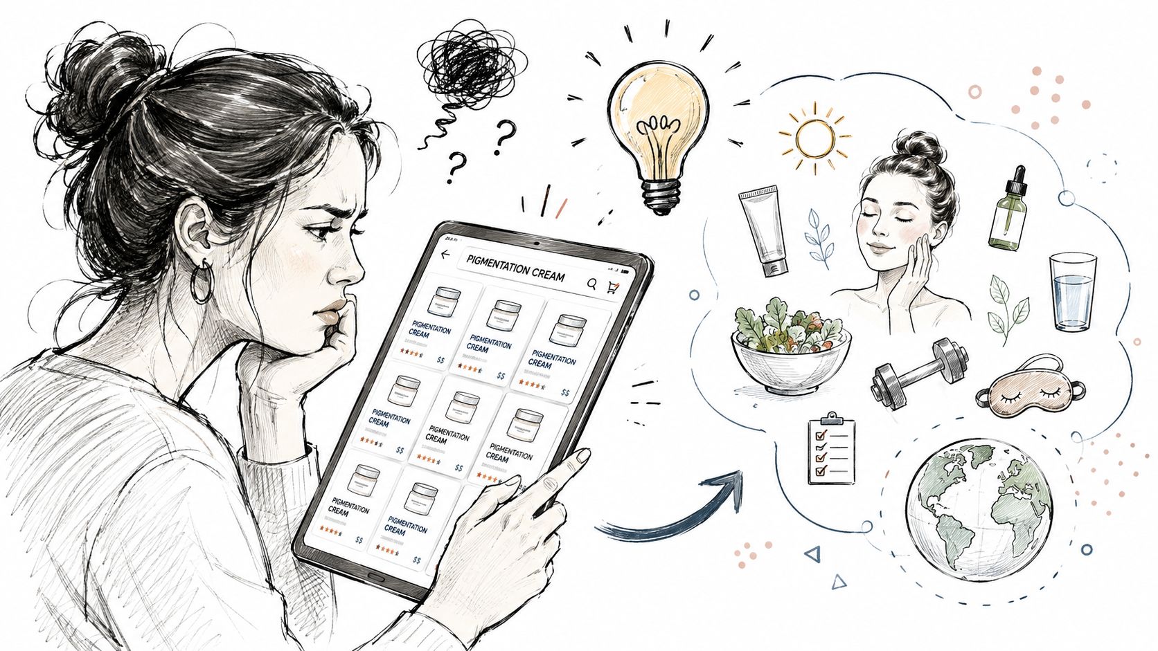A young woman pondering skin care solutions while browsing pigmentation cream options on her digital tablet.