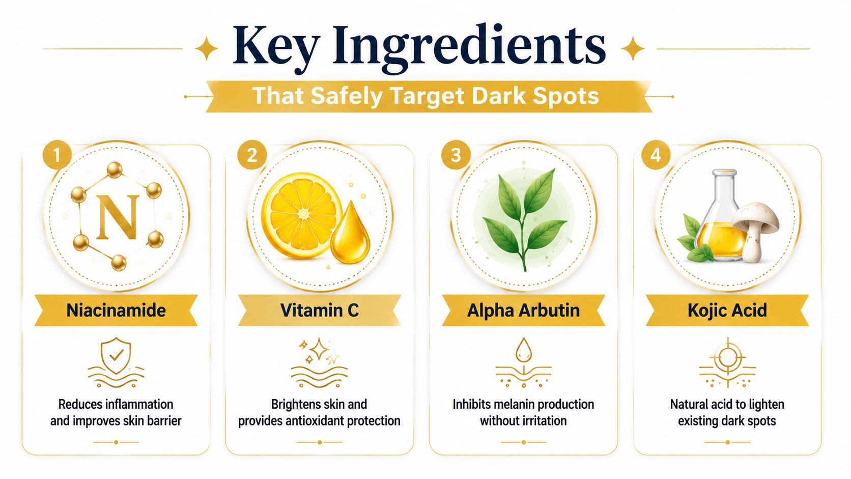 An infographic showing four key skincare ingredients: Niacinamide, Vitamin C, Alpha Arbutin, and Kojic Acid for dark spots.